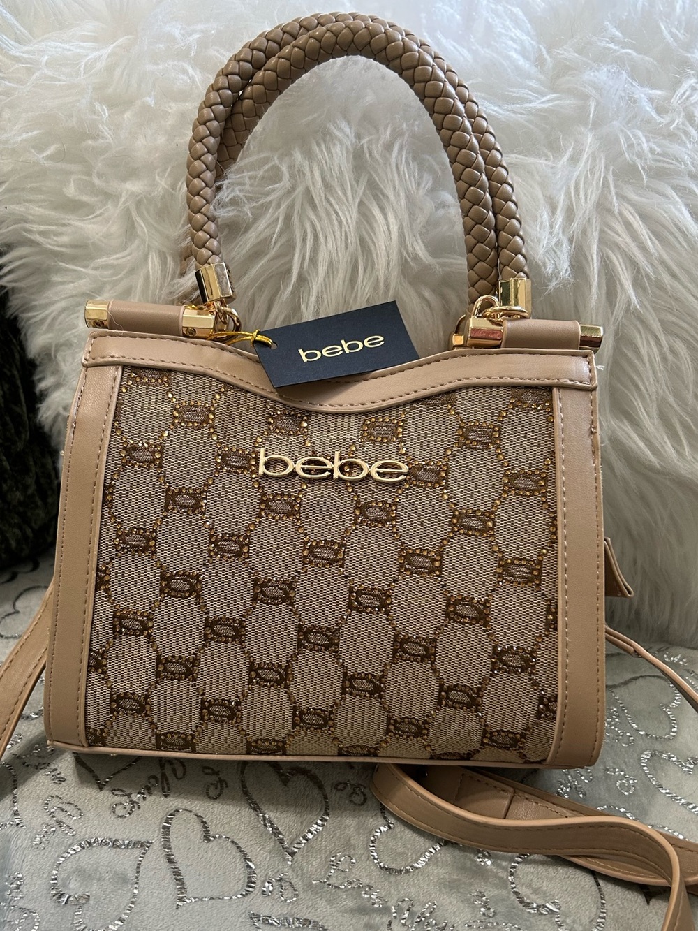 NWT Bebe Celia Beige Tan Logo Jacquard Braided-Handle Mini-Satchel